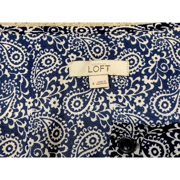 Loft Paisley Romper Blue Long Sleeve Roll Tab Hidden Button Boho Womens Sz 4 - Picture 4 of 8